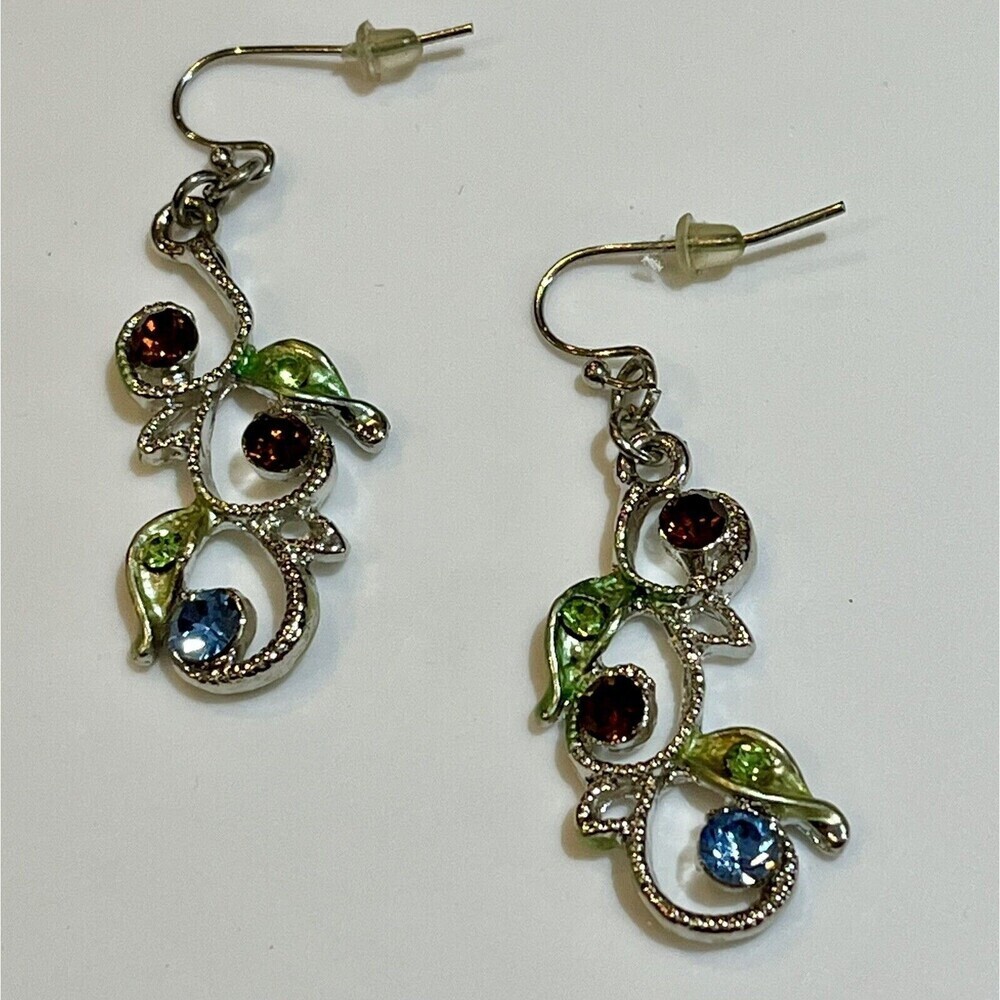 Vintage Y2K Statement Silver Tone Jewel Tone Glass Rhinestone Dangle Earrings